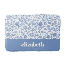 Blue and White Floral Custom Name Botanical Modern Badematte