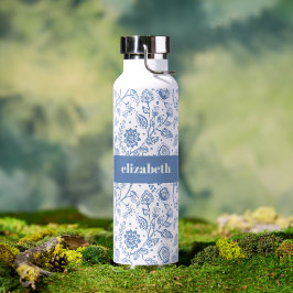 Blue and White Floral Custom Name Botanical Modern Trinkflasche
