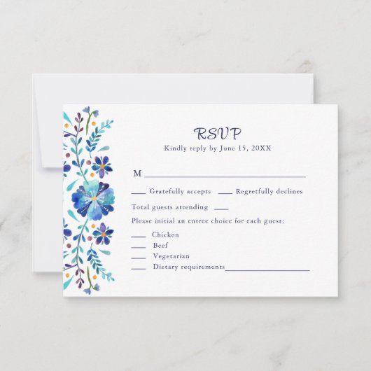 Blue and White Floral Fiesta Wedding RSVP Card Dankeskarte (Vorderseite)