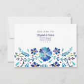 Blue and White Floral Fiesta Wedding RSVP Card Dankeskarte (Rückseite)