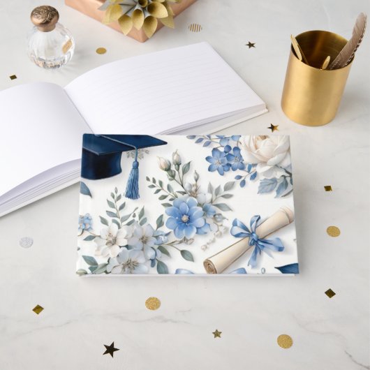 Blue and White Floral Graduation Guest Book Gästebuch (Vorderseite Offen)