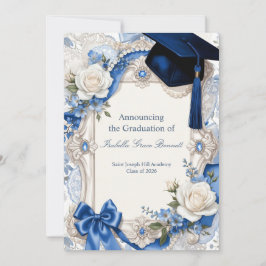 Blue and White Floral Graduation Invitation Card Einladung