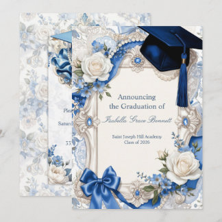 Blue and White Floral Graduation Invitation Card Einladung