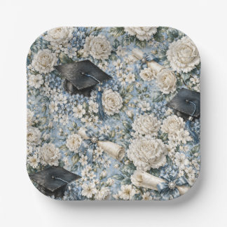 Blue and White Floral Graduation Party Paper Plate Pappteller