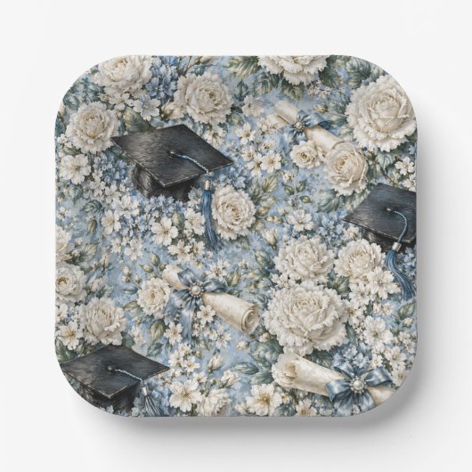 Blue and White Floral Graduation Party Paper Plate Pappteller (Vorderseite)