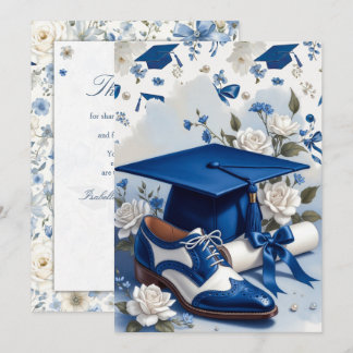 Blue and White Floral Graduation Thank You Note Dankeskarte