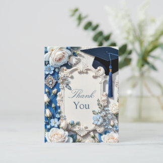 Blue and White Floral Graduation Thank You Note Dankeskarte