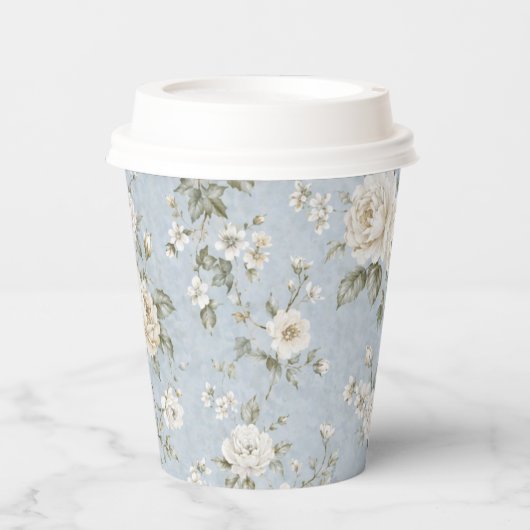 Blue and White Floral Paper Coffee Cup Pappbecher (Vorderseite)