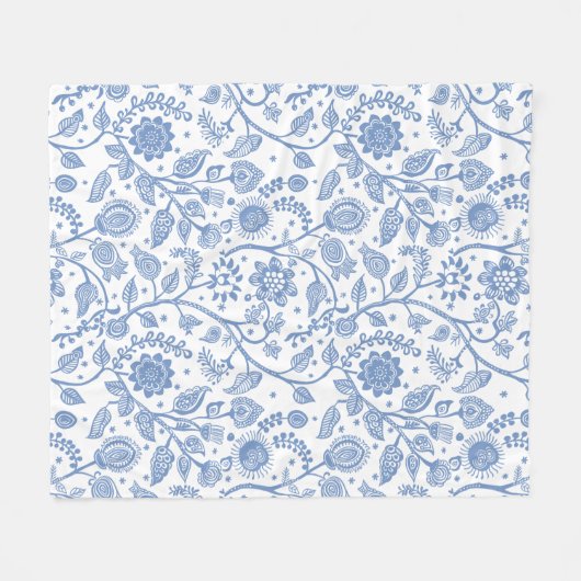 Blue and White Floral Pattern Botanical Boho Chic Fleecedecke (Vorderseite (Horizontal))