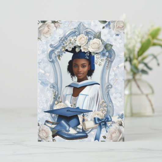 Blue and White Floral Photo Graduation Announcemen (Stehend Vorderseite)