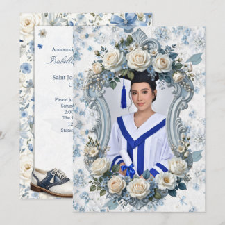 Blue and White Floral Photo Graduation Invitation Einladung