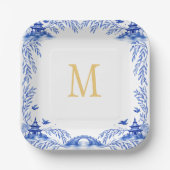 Blue and White Floral Willow Tile Monogram Pappteller (Vorderseite)