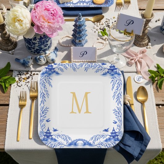 Blue and White Floral Willow Tile Monogram Pappteller