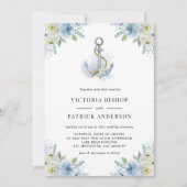 Blue and White Flowers Anchor Nautical Wedding Einladung (Vorderseite)