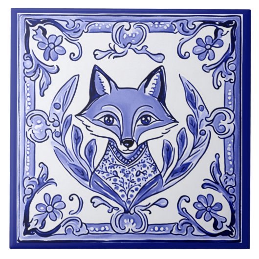 Blue and White Fox asiatische Art Folk Art Fliese (Vorderseite)