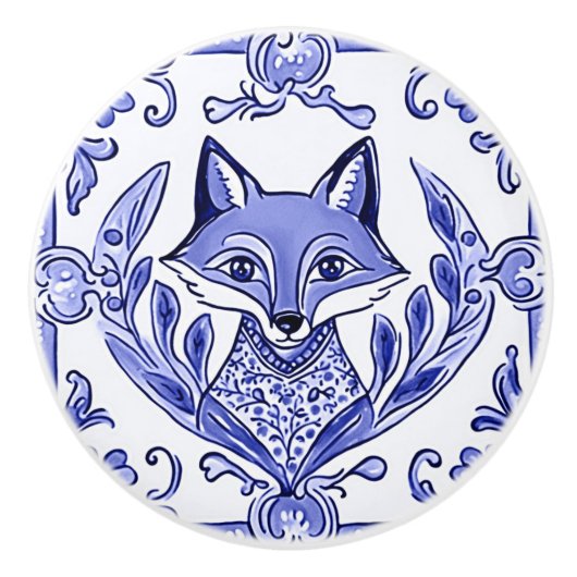 Blue and White Fox asiatische Art Folk Art Keramikknauf (Vorderseite)