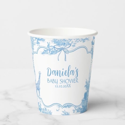 Blue and White French Toile de Jouy Baby Dusche Pappbecher (Rückseite)