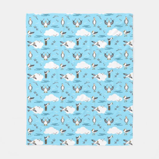 Blue and White Fun Seagulls Gemustert Beach House Fleecedecke (Vorderseite)