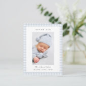 Blue and white Gingham Baby Boy Birth Announcement Postkarte (Stehend Vorderseite)