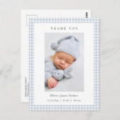 Blue and white Gingham Baby Boy Birth Announcement Postkarte (Vorne/Hinten)