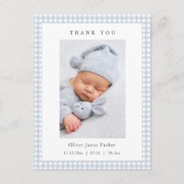 Blue and white Gingham Baby Boy Birth Announcement Postkarte