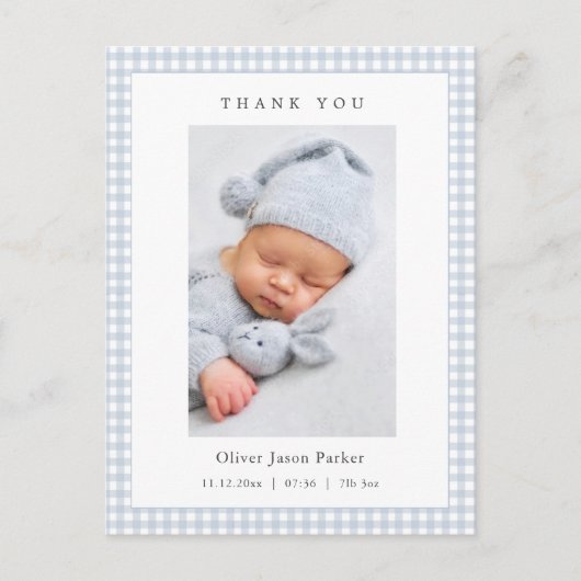 Blue and white Gingham Baby Boy Birth Announcement Postkarte (Vorderseite)