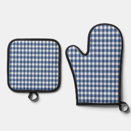 Blue and White Gingham Checked Ofenhandschuh & Topflappen-Set