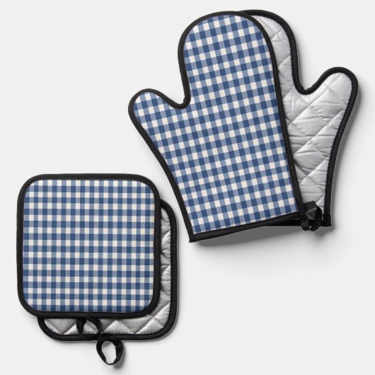 Blue and White Gingham Checked Ofenhandschuh & Topflappen-Set (Vorderseite/Rückseite)
