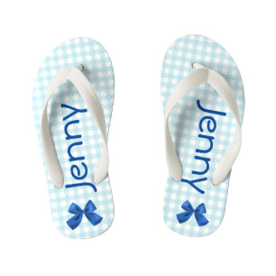 Blue and White Gingham Girls Flip Flops Kinderbadesandalen