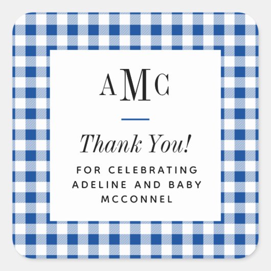 Blue and White Gingham Monogram Vielen Dank Quadratischer Aufkleber (Vorderseite)