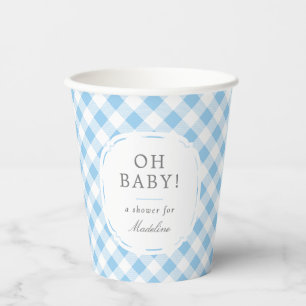 Blue and White Gingham Pattern Oh Baby Boy Dusche Pappbecher