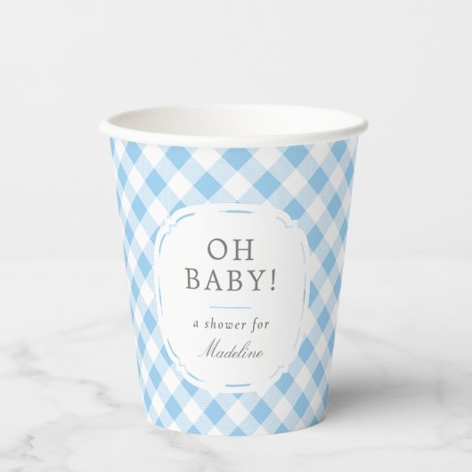 Blue and White Gingham Pattern Oh Baby Boy Dusche Pappbecher (Vorderseite)
