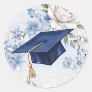 Blue and White Graduation Cap Floral Classic Round Runder Aufkleber
