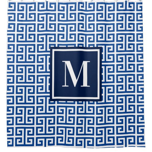 Blue and White Greek Key Monogram Duschvorhang (Vorderseite)