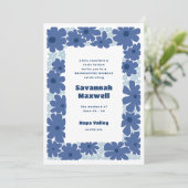 Blue and White Groovy Blooms Boho Bachelorette Einladung (Stehend Vorderseite)