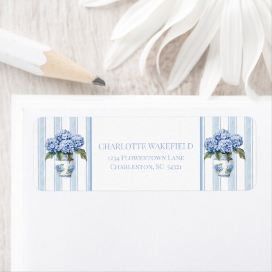 Blue and White Hydrangeas on Stripes Monogram (Insitu)