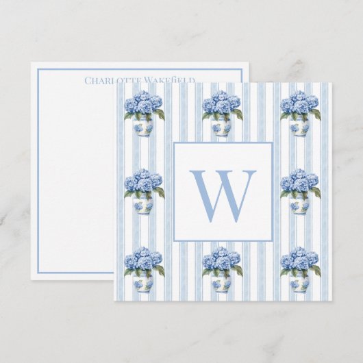 Blue and White Hydrangeas on Stripes Monogram Mitteilungskarte (Vorne/Hinten)