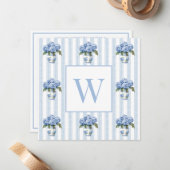 Blue and White Hydrangeas on Stripes Monogram Mitteilungskarte (Vorderseite/Rückseite Beispiel)
