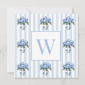 Blue and White Hydrangeas on Stripes Monogram Mitteilungskarte (Vorderseite)