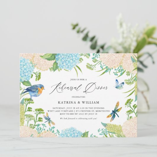 Blue and White Hydrangeas Probe Dinner Einladung (Stehend Vorderseite)