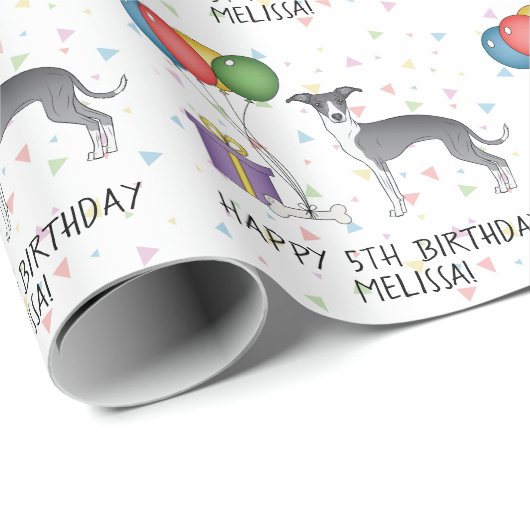 Blue and White Italian Greyhound - Happy Birthday Geschenkpapier (Rolleneckpunkt)