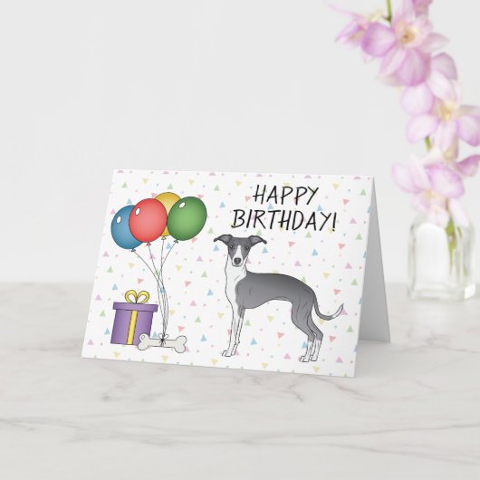 Blue and White Italian Greyhound - Happy Birthday Karte (Orchidee)