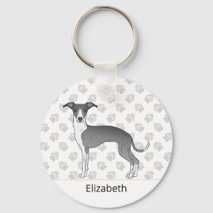 Blue And White Italian Greyhound With Custom Name Schlüsselanhänger