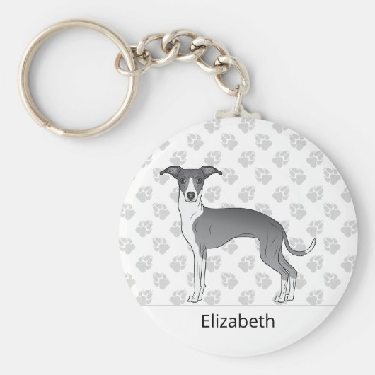 Blue And White Italian Greyhound With Custom Name Schlüsselanhänger (Vorne)