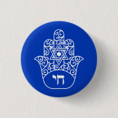 Blue and White Jewish Chai Hamsa Star von David Button (Vorderseite)