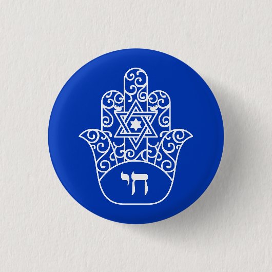 Blue and White Jewish Chai Hamsa Star von David Button (Vorderseite)