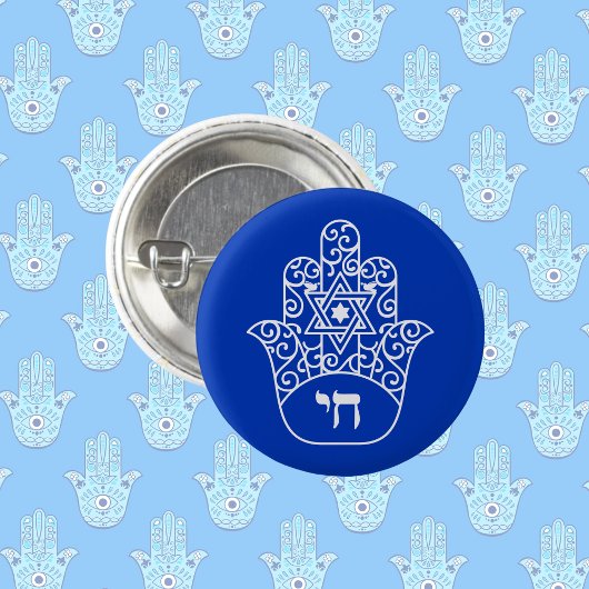 Blue and White Jewish Chai Hamsa Star von David Button