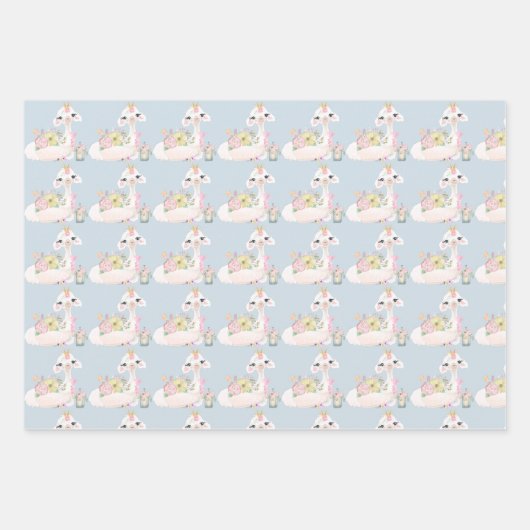 Blue and White Llama Baby Boy Dusche Geschenkpapier Set (Vorderseite 2)