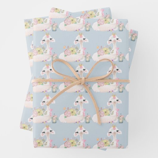 Blue and White Llama Baby Boy Dusche Geschenkpapier Set (Beispiel)