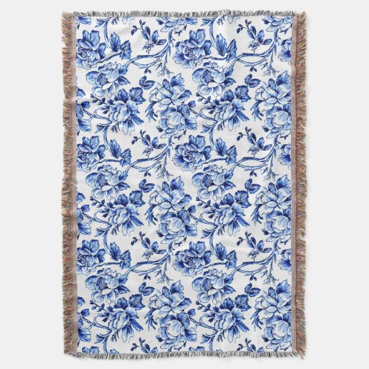 Blue and White Magnolias Toile de Jouy Decke (Vorderseite Vertikal)